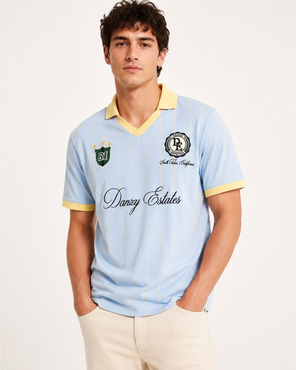 Abercrombie & Fitch x Danzy Studio Polo Shirt Men’s Small Blue Yellow Striped
